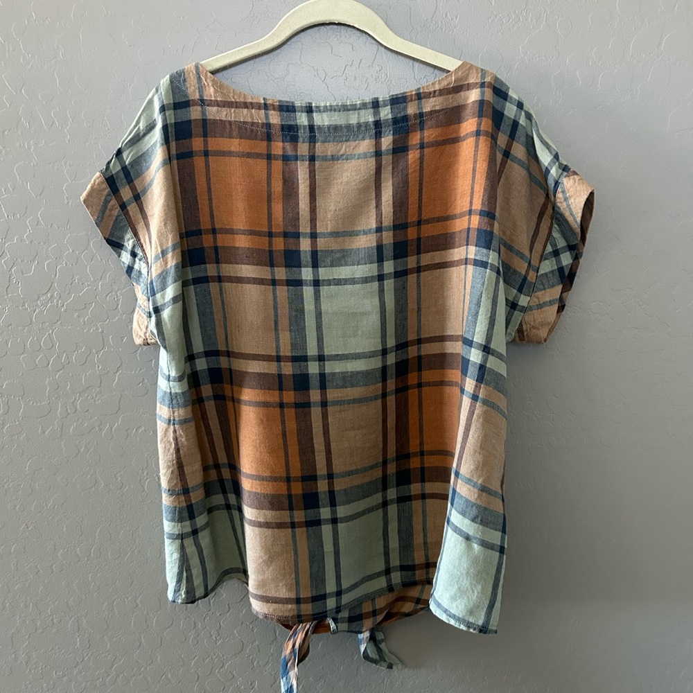 L.L. Bean Orange and Green Blouse with Sailor Collar and Tie Front